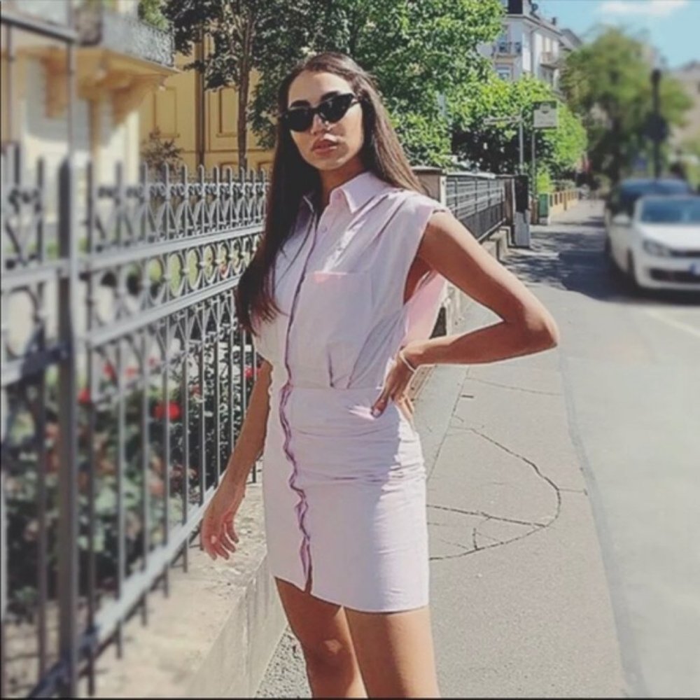 NEW! Zara Pink Cotton Ruched Poplin Mini Dress